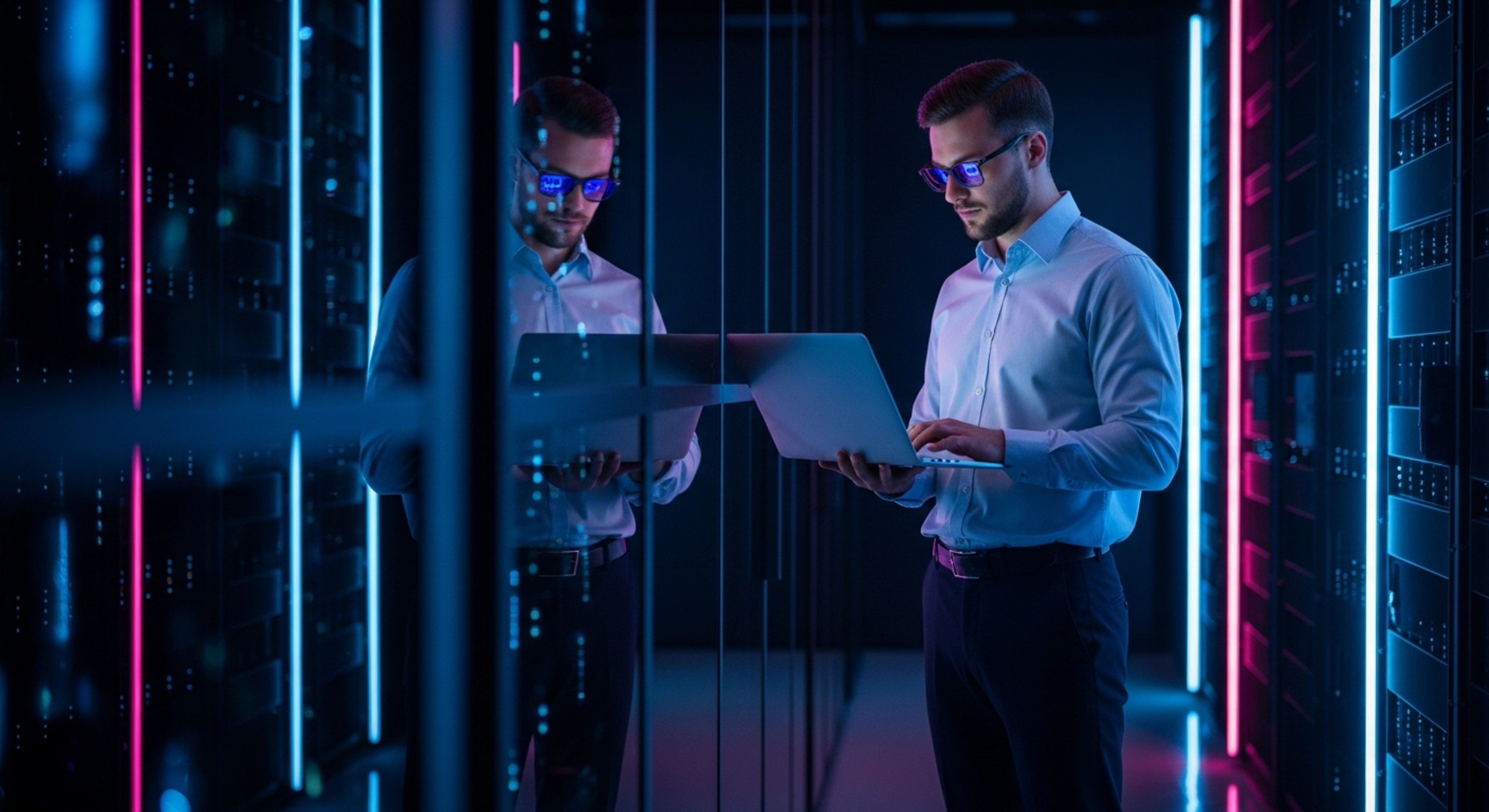 Infrastructure specialist validating systems inside a modern data center